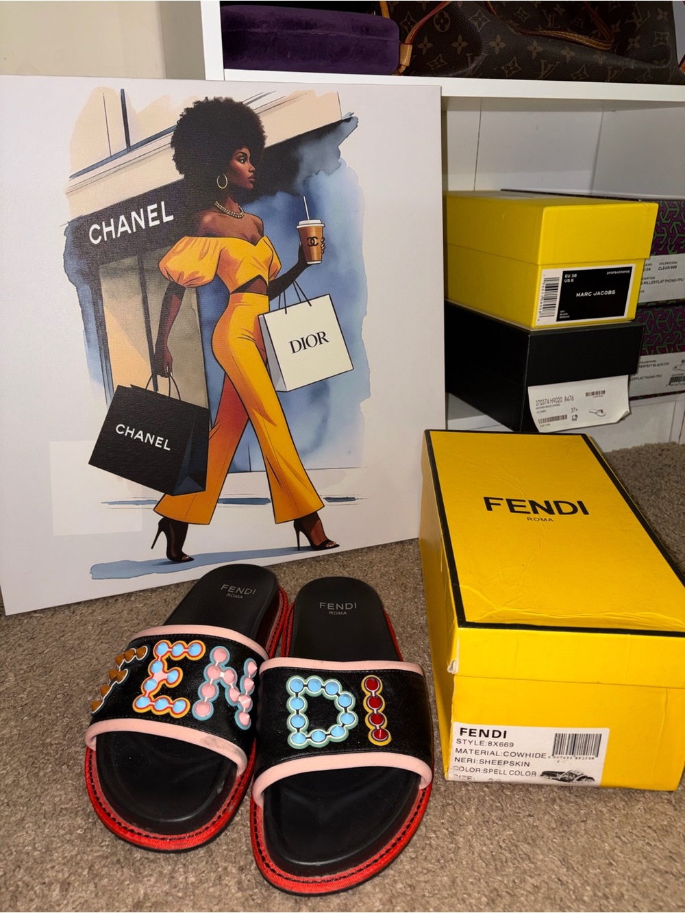 Fendi Black Slide Sandals with Multicolor Bead Logo